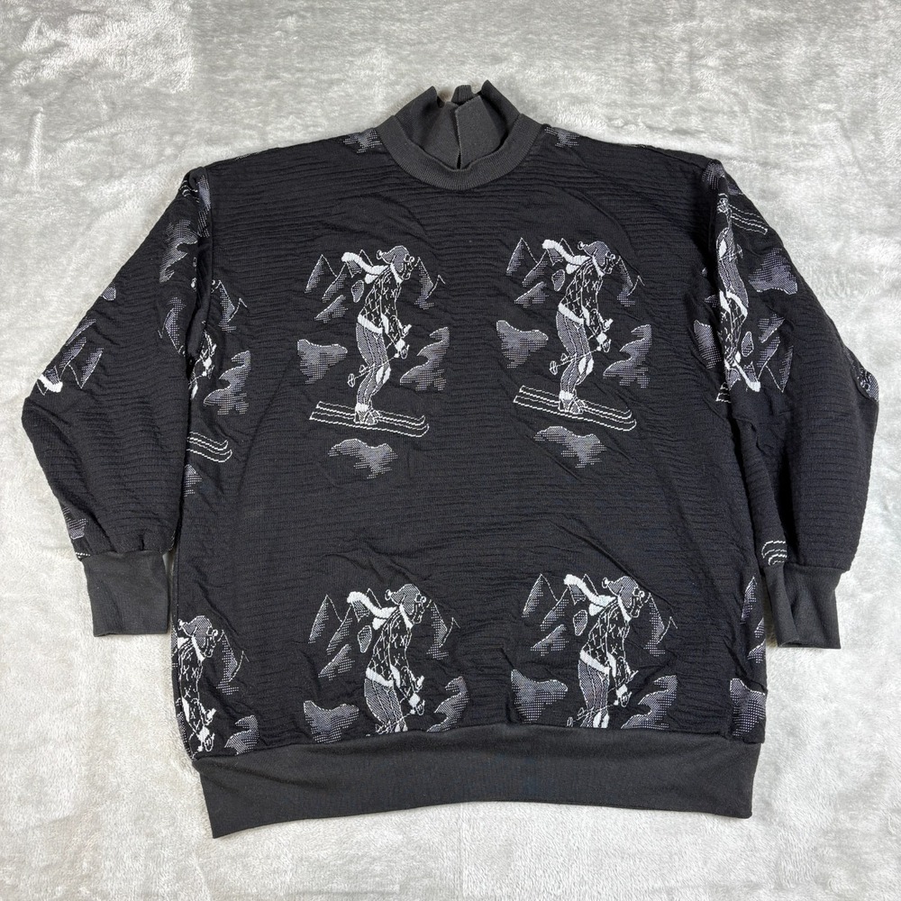 Vintage Ski Sweater Mens Medium Black 80s 90s Jacquard Knit Snow Mountains Apres